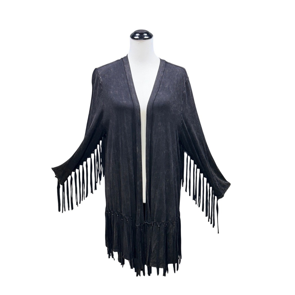 POL Cardigan Fringed Open Front Women M Black Excellent Boho Western Acid Wash